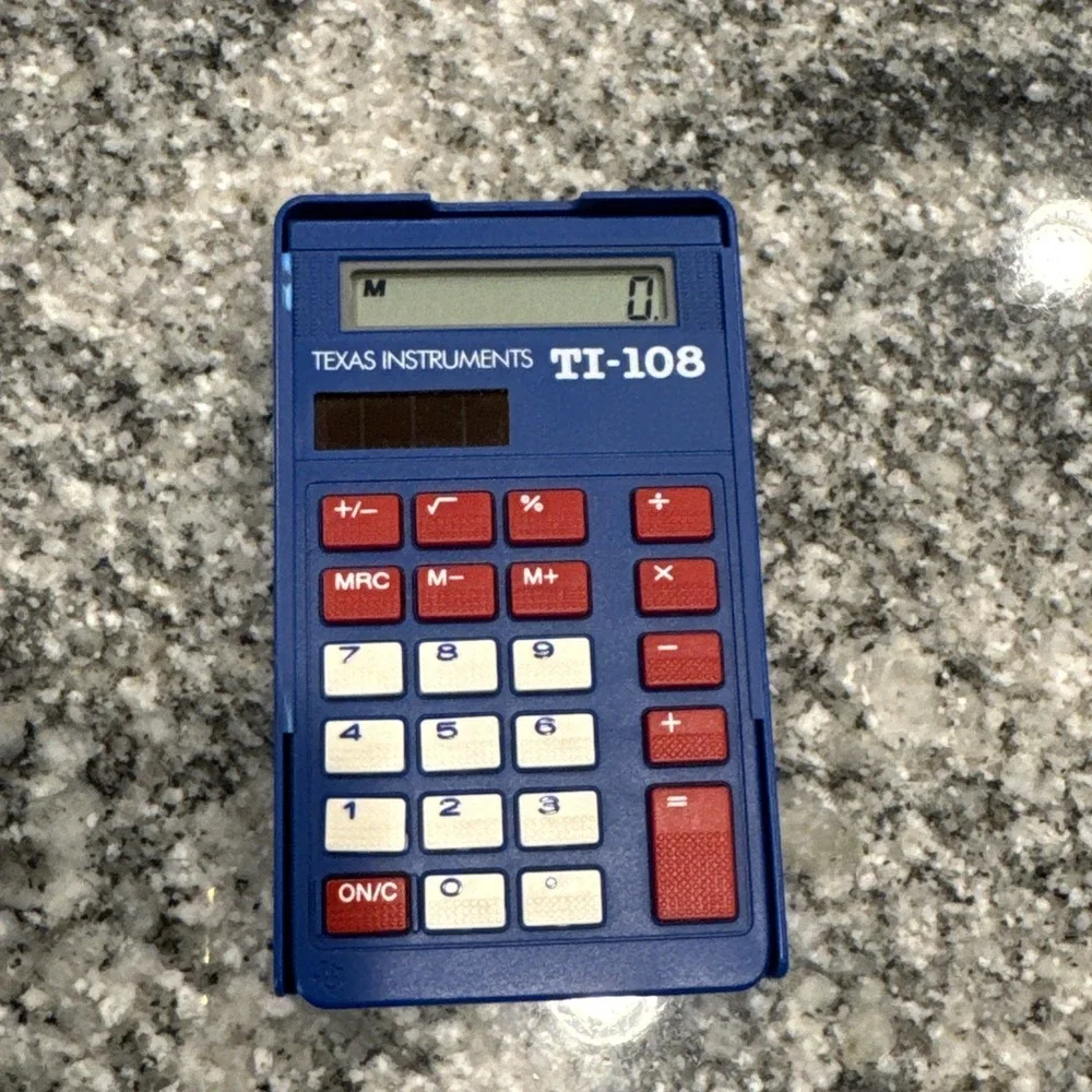 Vintage Texas Instruments TI-108 School Solar Calculator Blue Basic Math w Cover